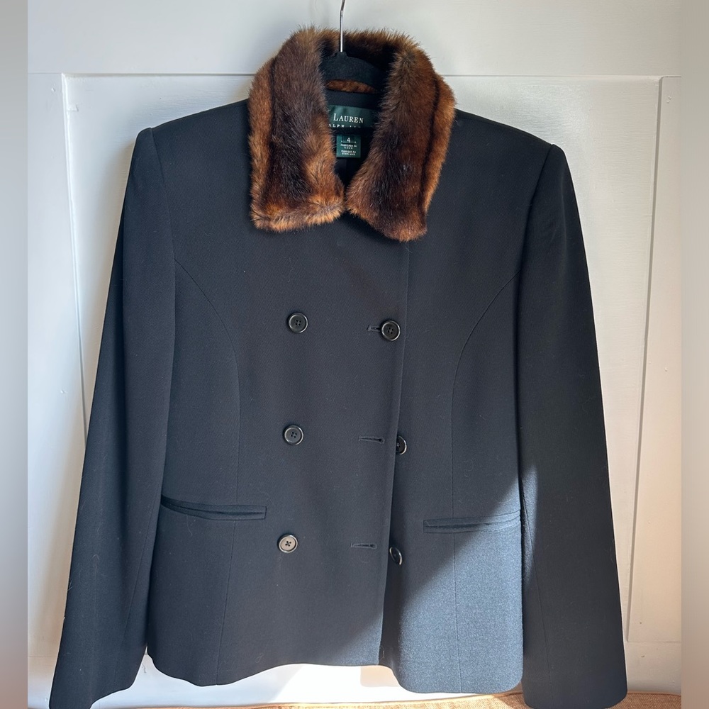 Ralph Lauren Black Double-Breasted Blazer with Brown Fur Collar